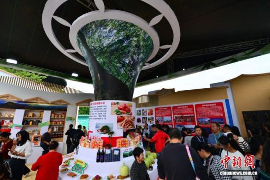 图为展示的农林产品吸引参观者。中新社记者 张斌 摄 图为展示的农林产品吸引参观者。中新社记者 张斌 摄