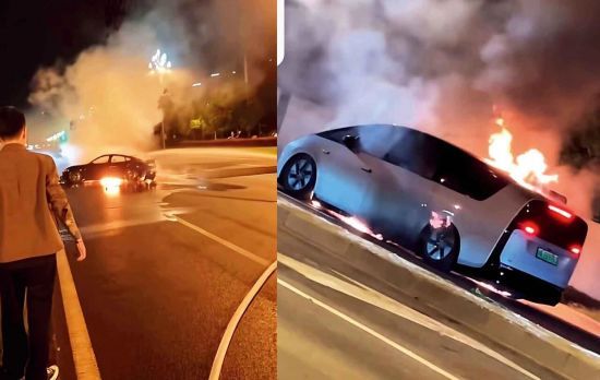 10月13日小米SU7 Ultra(左图)和10月23日理想MEGA(右图)的火灾现场。(视频截图) 10月13日小米SU7 Ultra(左图)和10月23日理想MEGA(右图)的火灾现场。(视频截图)