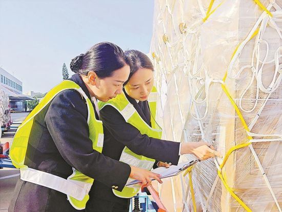 厦门机场海关关员对首批搭乘“厦门—克拉克”全货运航班的出口货物进行监管作业。罗俊毅 摄 厦门机场海关关员对首批搭乘“厦门—克拉克”全货运航班的出口货物进行监管作业。罗俊毅 摄