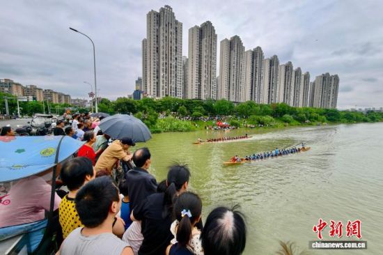 6月13日,民众在福建福州轮船港滨水公园赛龙舟。中新社记者 王东明 摄 6月13日,民众在福建福州轮船港滨水公园赛龙舟。中新社记者 王东明 摄