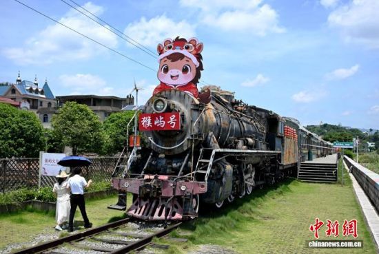 图为7月6日,游客在福州长乐猴屿乡绿皮火车景点参观。(无人机照片)中新社记者 吕明 摄 图为7月6日,游客在福州长乐猴屿乡绿皮火车景点参观。(无人机照片)中新社记者 吕明 摄