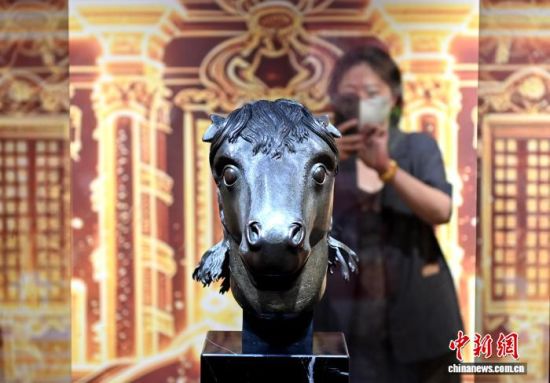 7月30日,“圆明绮梦·万园重光”数字创意巡回展全国首展媒体预展在福建博物院举行。展览现场,圆明园马首铜像真迹首次在福建展出。中新网记者 吕明 摄 7月30日,“圆明绮梦·万园重光”数字创意巡回展全国首展媒体预展在福建博物院举行。展览现场,圆明园马首铜像真迹首次在福建展出。中新网记者 吕明 摄