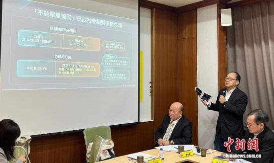 10月12日,台湾民间智库“民主文教基金会”12日在台北发表民调结果。台湾政治大学教授陈陆辉(右二)分析民调数据指出,“不能单靠美国”已成为台湾社会相对多数共识。 中新社记者 路梅 摄 10月12日,台湾民间智库“民主文教基金会”12日在台北发表民调结果。台湾政治大学教授陈陆辉(右二)分析民调数据指出,“不能单靠美国”已成为台湾社会相对多数共识。 中新社记者 路梅 摄